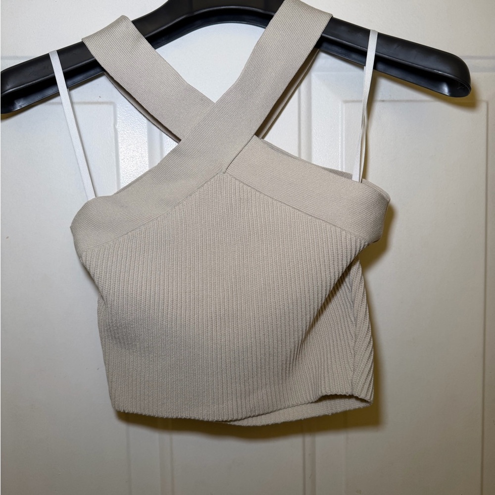 Babaton Beige Ribbed Cross Contour Crop Top